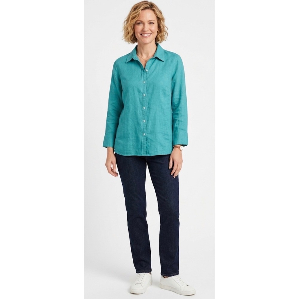 Talbots Teal 100% Linen Long Sleeve Button‎ Down Shirt Size 12